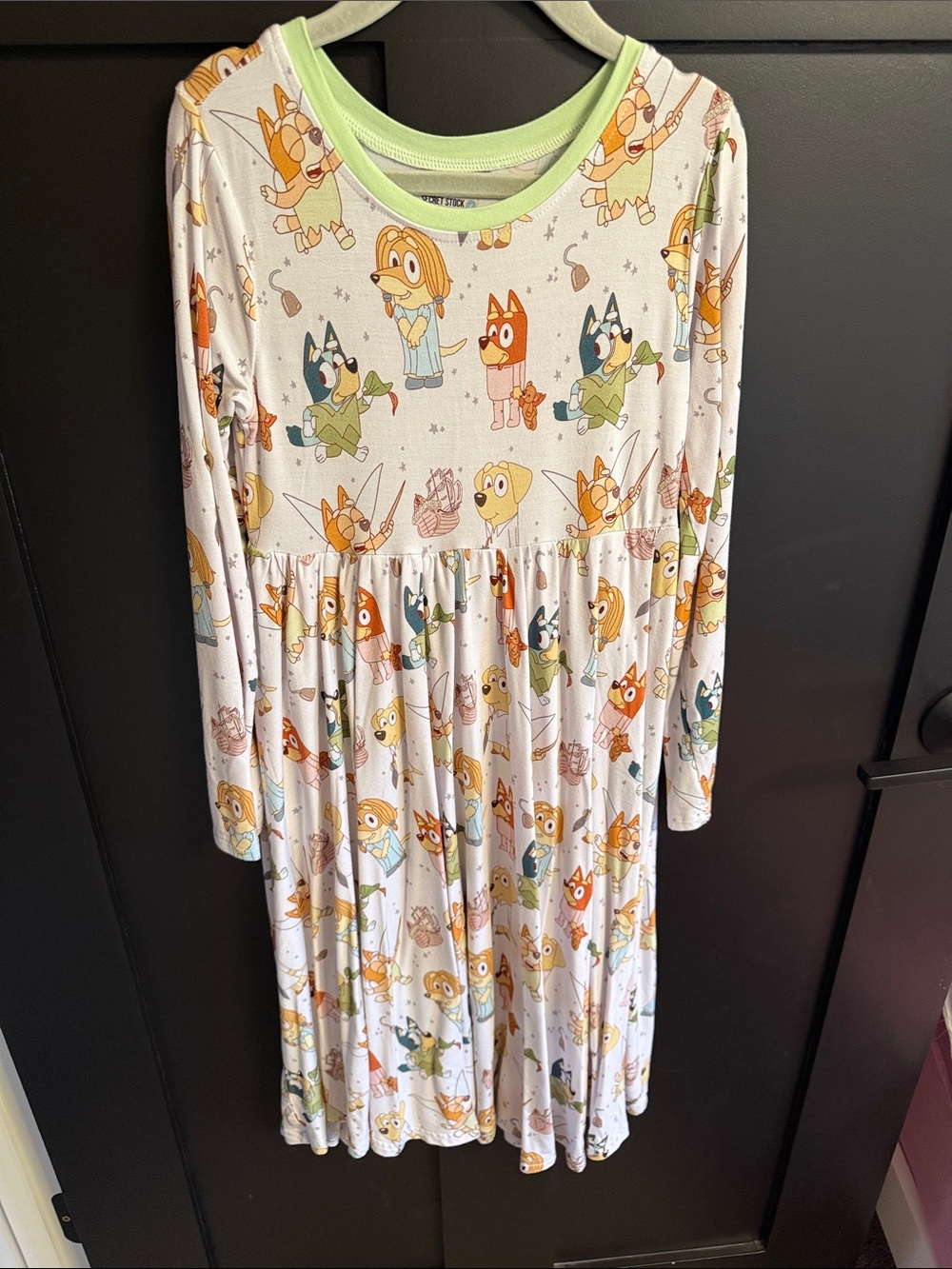 Girls' White Cartoon Print Long-Sleeve dress with Green Trim
